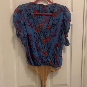 Astr Blue Floral Bodysuit with Tan Accents